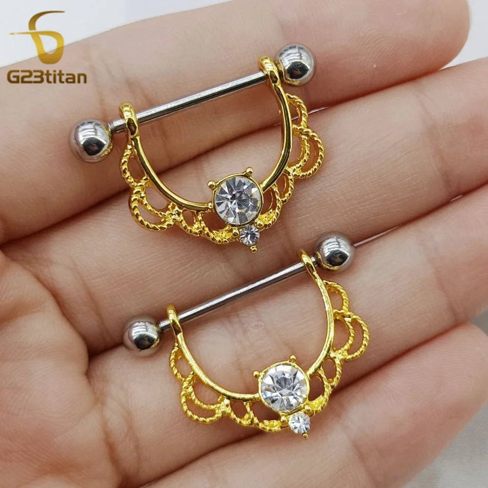 Pair of U-shaped Half Round Nipple Rings 14G 16mm Titanium Barbell Body